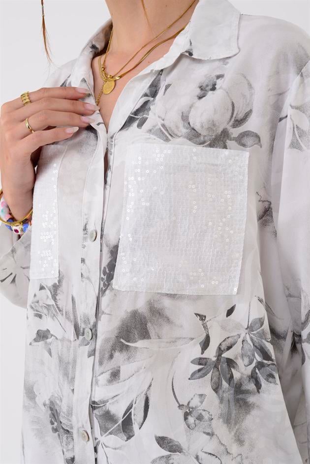 22007-5 OTANTİK DESEN PAYET DETAYLI GÖMLEK