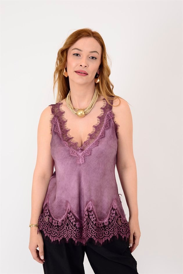 22355 KALIN ASKILI DANTELLİ SATEN BLUZ