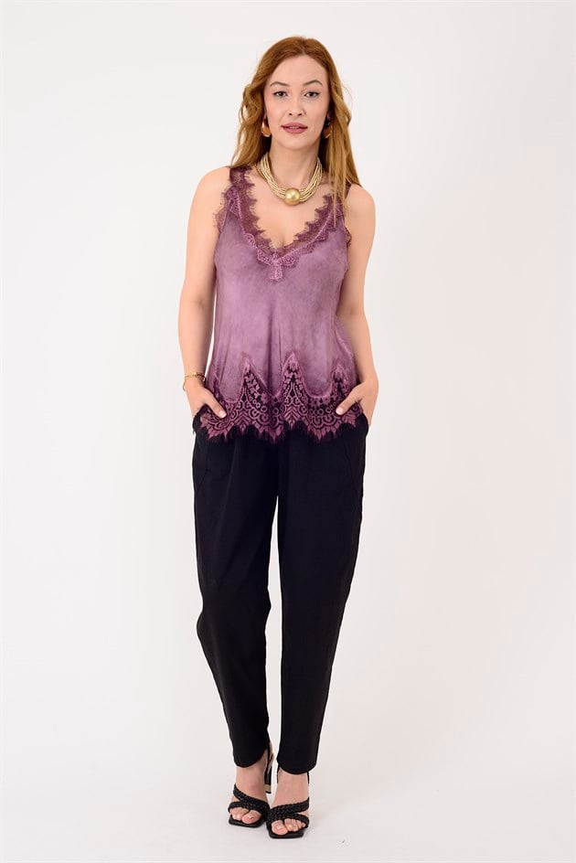 22355 KALIN ASKILI DANTELLİ SATEN BLUZ