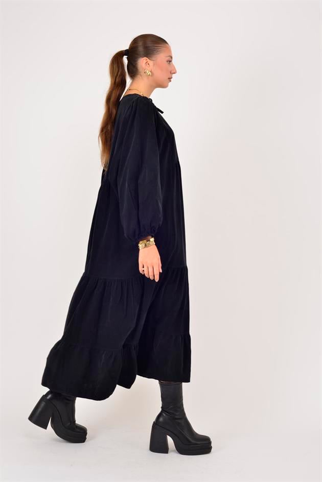 2261 LOVA V YAKA FİTİLLİ KADİFE ELBİSE