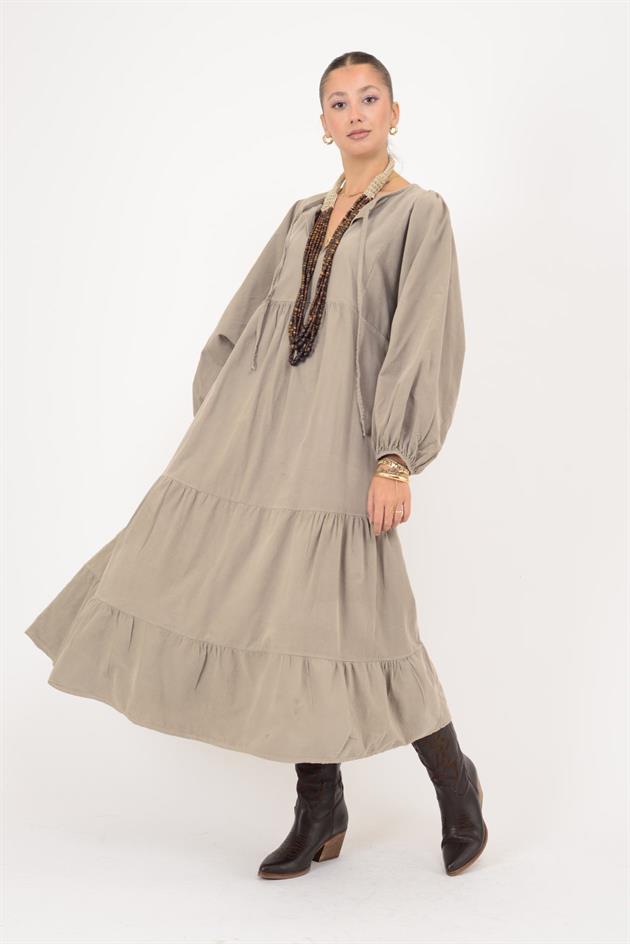 2261 LOVA V YAKA FİTİLLİ KADİFE ELBİSE