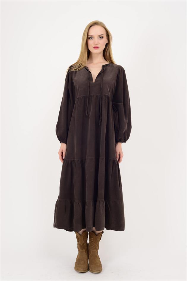 2261 LOVA V YAKA FİTİLLİ KADİFE ELBİSE