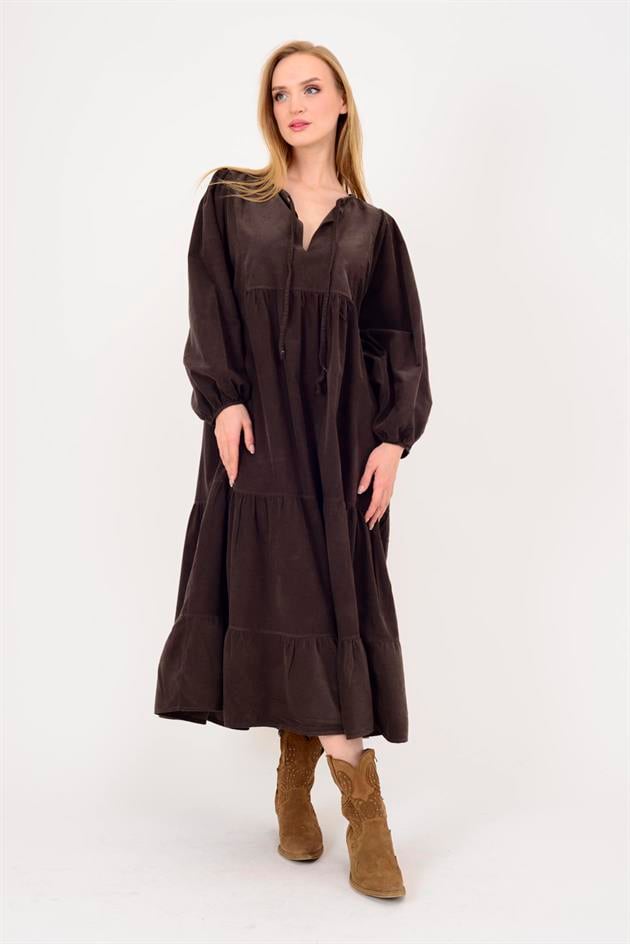 2261 LOVA V YAKA FİTİLLİ KADİFE ELBİSE