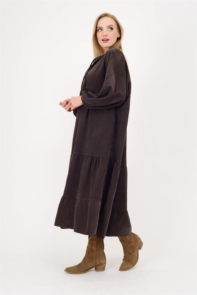 2261 LOVA V YAKA FİTİLLİ KADİFE ELBİSE