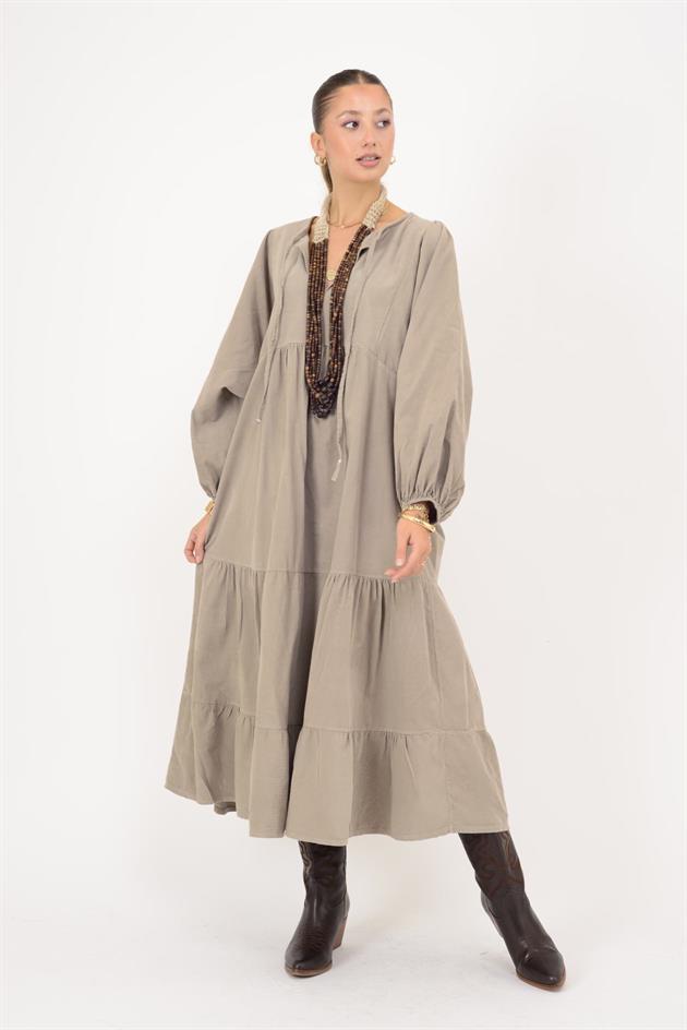 2261 LOVA V YAKA FİTİLLİ KADİFE ELBİSE