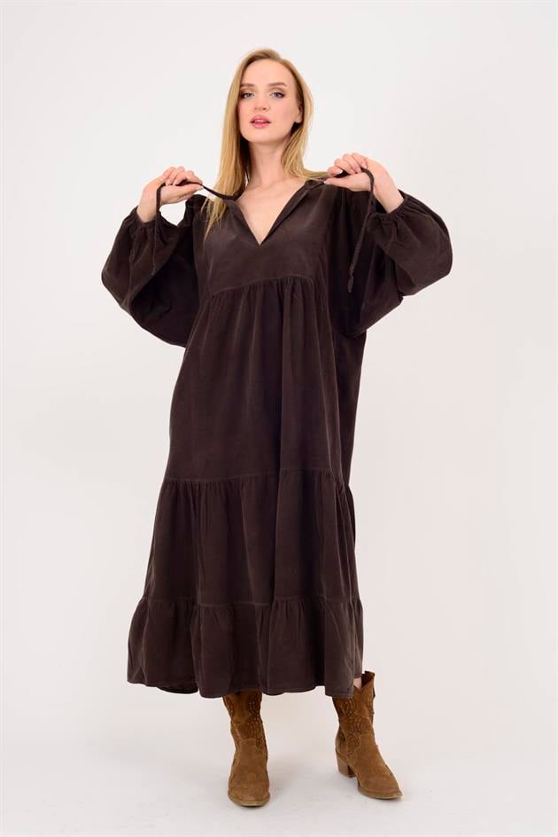 2261 LOVA V YAKA FİTİLLİ KADİFE ELBİSE