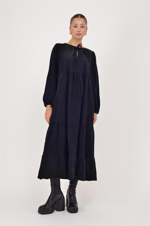 2261 LOVA V YAKA FİTİLLİ KADİFE ELBİSE