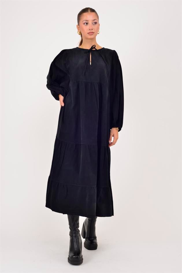 2261 LOVA V YAKA FİTİLLİ KADİFE ELBİSE