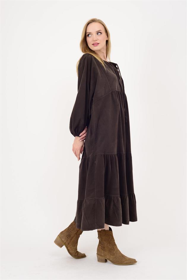 2261 LOVA V YAKA FİTİLLİ KADİFE ELBİSE