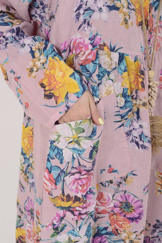 23-10 LOVA SPRING ÇİÇEK DESENLİ ÜÇ DÜĞMELİ KETEN ELBİSE