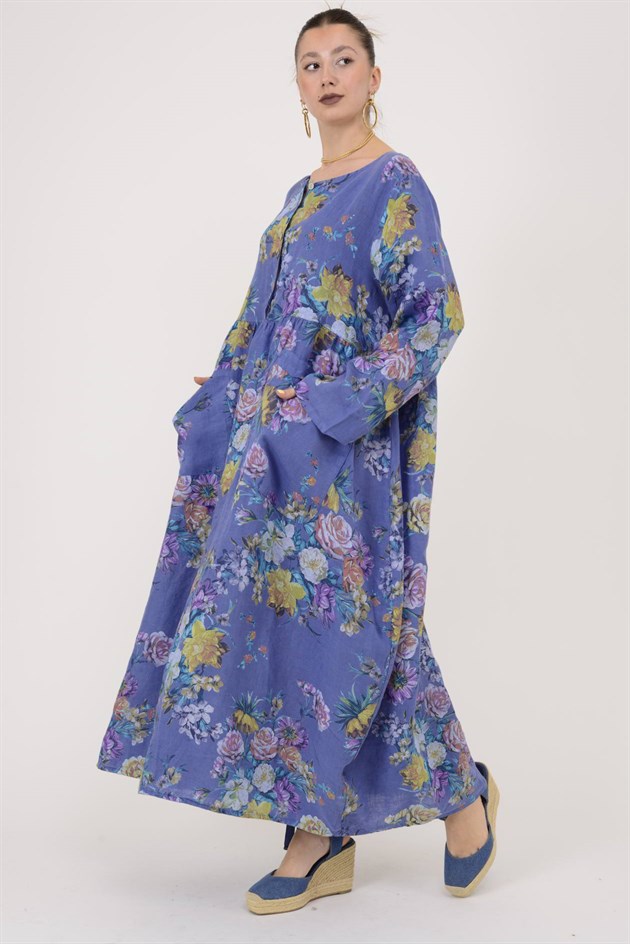 23-10 LOVA SPRING ÇİÇEK DESENLİ ÜÇ DÜĞMELİ KETEN ELBİSE