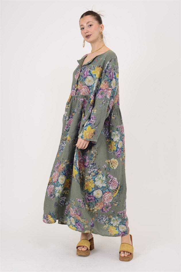 23-10 LOVA SPRING ÇİÇEK DESENLİ ÜÇ DÜĞMELİ KETEN ELBİSE