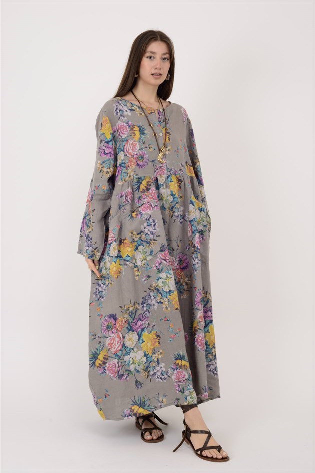 23-10 LOVA SPRING ÇİÇEK DESENLİ ÜÇ DÜĞMELİ KETEN ELBİSE
