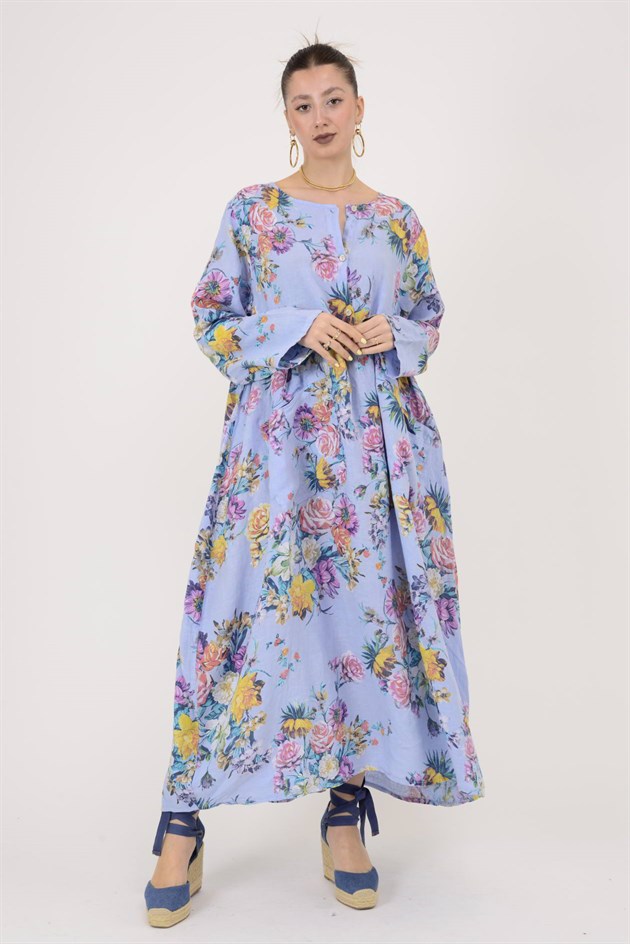 23-10 LOVA SPRING ÇİÇEK DESENLİ ÜÇ DÜĞMELİ KETEN ELBİSE