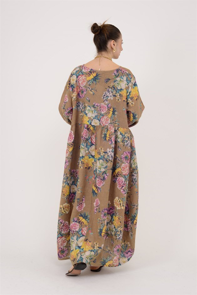 23-10 LOVA SPRING ÇİÇEK DESENLİ ÜÇ DÜĞMELİ KETEN ELBİSE