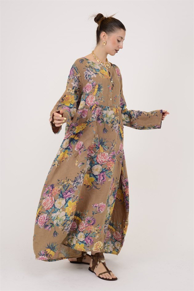 23-10 LOVA SPRING ÇİÇEK DESENLİ ÜÇ DÜĞMELİ KETEN ELBİSE