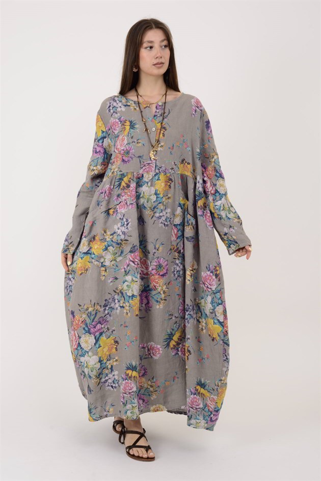 23-10 LOVA SPRING ÇİÇEK DESENLİ ÜÇ DÜĞMELİ KETEN ELBİSE