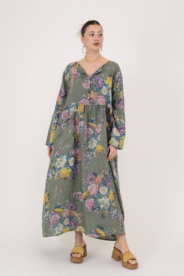 23-10 LOVA SPRING ÇİÇEK DESENLİ ÜÇ DÜĞMELİ KETEN ELBİSE