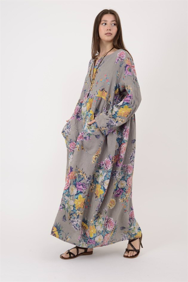 23-10 LOVA SPRING ÇİÇEK DESENLİ ÜÇ DÜĞMELİ KETEN ELBİSE