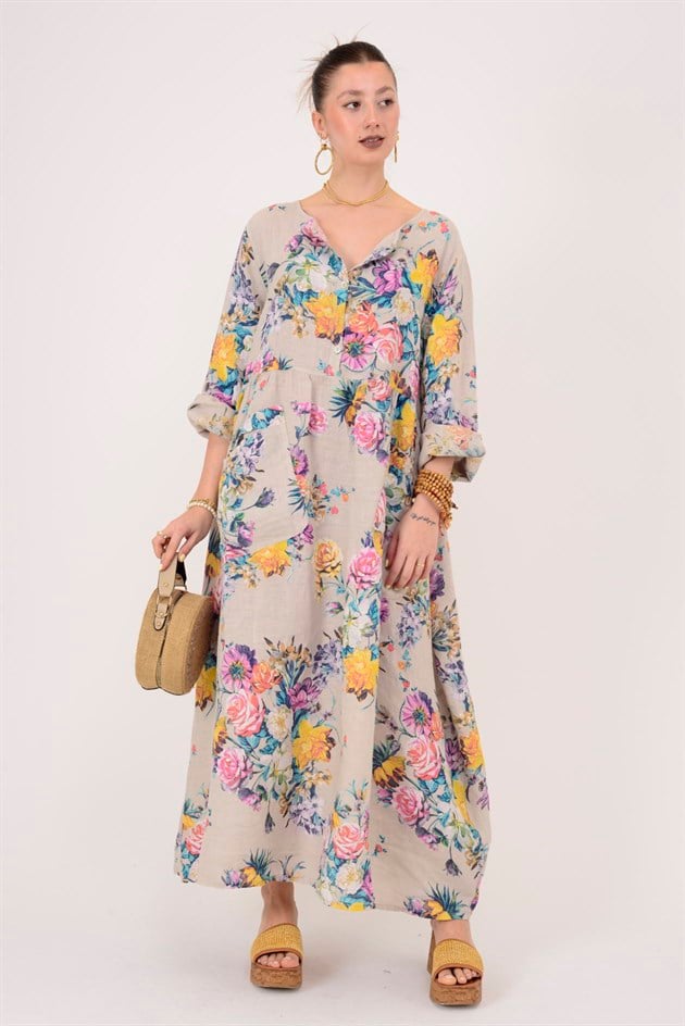 23-10 LOVA SPRING ÇİÇEK DESENLİ ÜÇ DÜĞMELİ KETEN ELBİSE