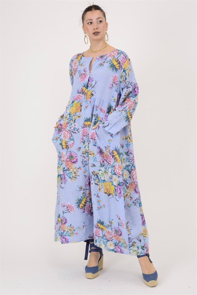 23-10 LOVA SPRING ÇİÇEK DESENLİ ÜÇ DÜĞMELİ KETEN ELBİSE