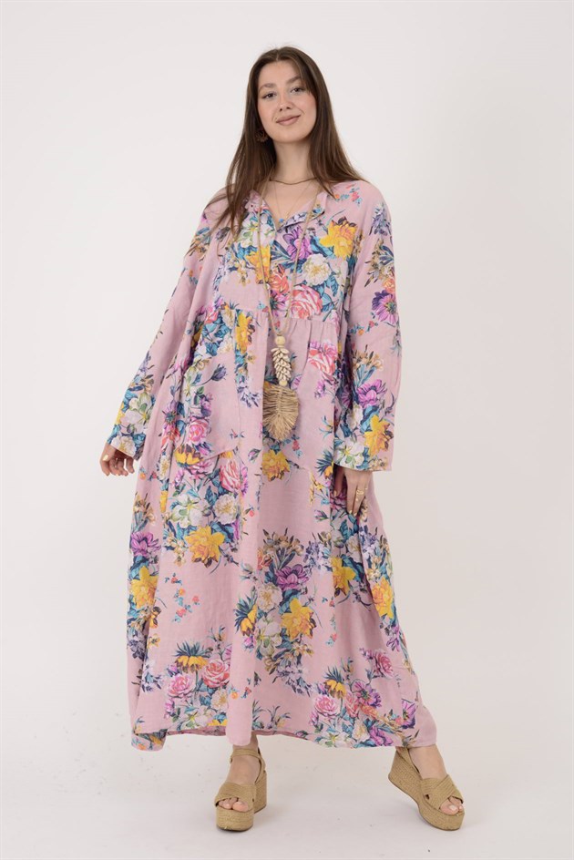 23-10 LOVA SPRING ÇİÇEK DESENLİ ÜÇ DÜĞMELİ KETEN ELBİSE