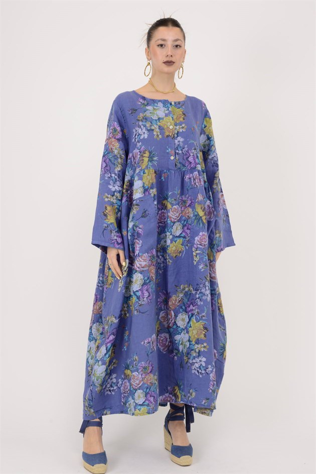 23-10 LOVA SPRING ÇİÇEK DESENLİ ÜÇ DÜĞMELİ KETEN ELBİSE