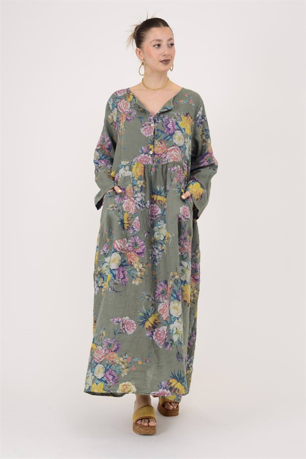 23-10 LOVA SPRING ÇİÇEK DESENLİ ÜÇ DÜĞMELİ KETEN ELBİSE