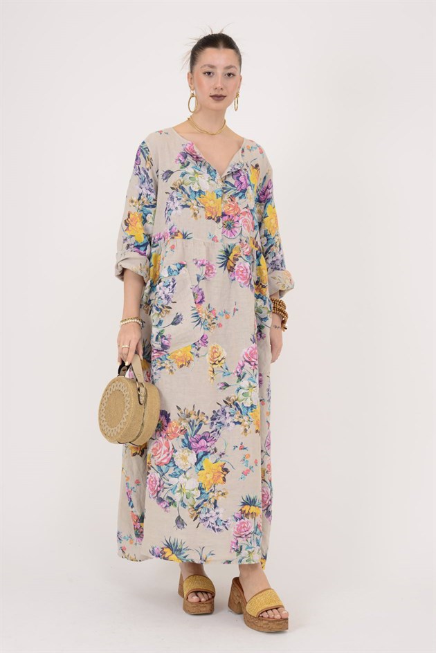 23-10 LOVA SPRING ÇİÇEK DESENLİ ÜÇ DÜĞMELİ KETEN ELBİSE