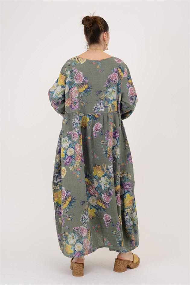 23-10 LOVA SPRING ÇİÇEK DESENLİ ÜÇ DÜĞMELİ KETEN ELBİSE