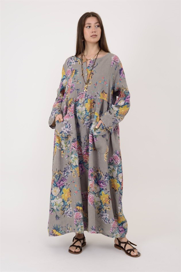 23-10 LOVA SPRING ÇİÇEK DESENLİ ÜÇ DÜĞMELİ KETEN ELBİSE