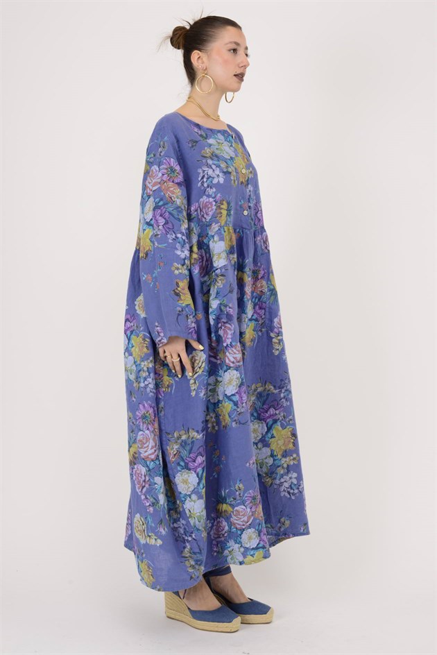 23-10 LOVA SPRING ÇİÇEK DESENLİ ÜÇ DÜĞMELİ KETEN ELBİSE