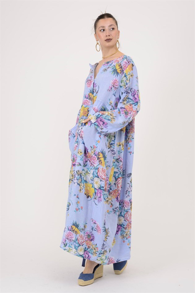 23-10 LOVA SPRING ÇİÇEK DESENLİ ÜÇ DÜĞMELİ KETEN ELBİSE