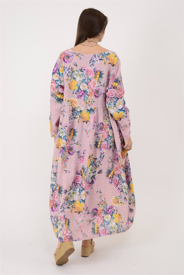 23-10 LOVA SPRING ÇİÇEK DESENLİ ÜÇ DÜĞMELİ KETEN ELBİSE