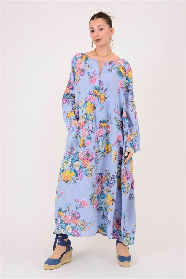 23-10 LOVA SPRING ÇİÇEK DESENLİ ÜÇ DÜĞMELİ KETEN ELBİSE