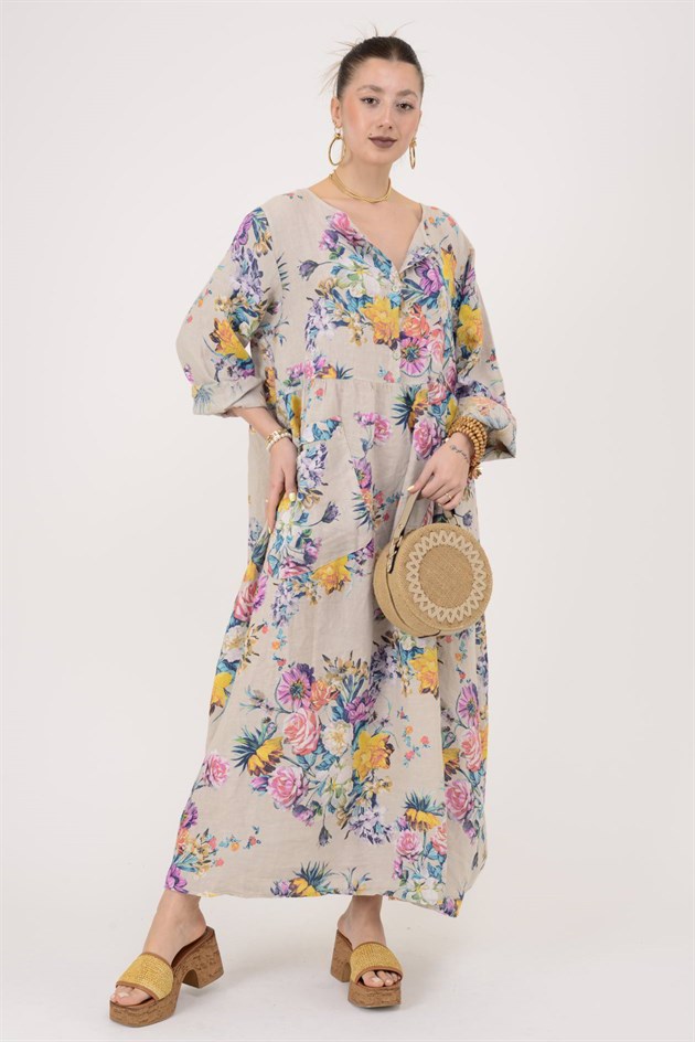 23-10 LOVA SPRING ÇİÇEK DESENLİ ÜÇ DÜĞMELİ KETEN ELBİSE