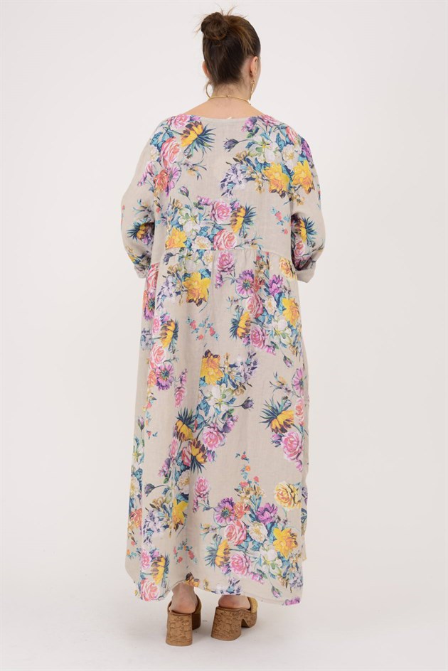 23-10 LOVA SPRING ÇİÇEK DESENLİ ÜÇ DÜĞMELİ KETEN ELBİSE