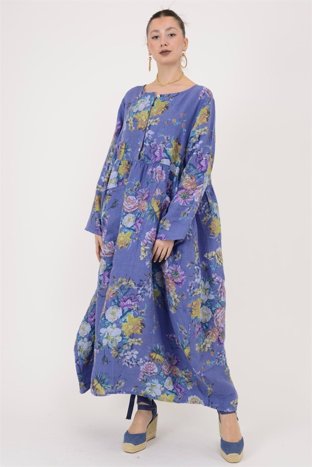 23-10 LOVA SPRING ÇİÇEK DESENLİ ÜÇ DÜĞMELİ KETEN ELBİSE