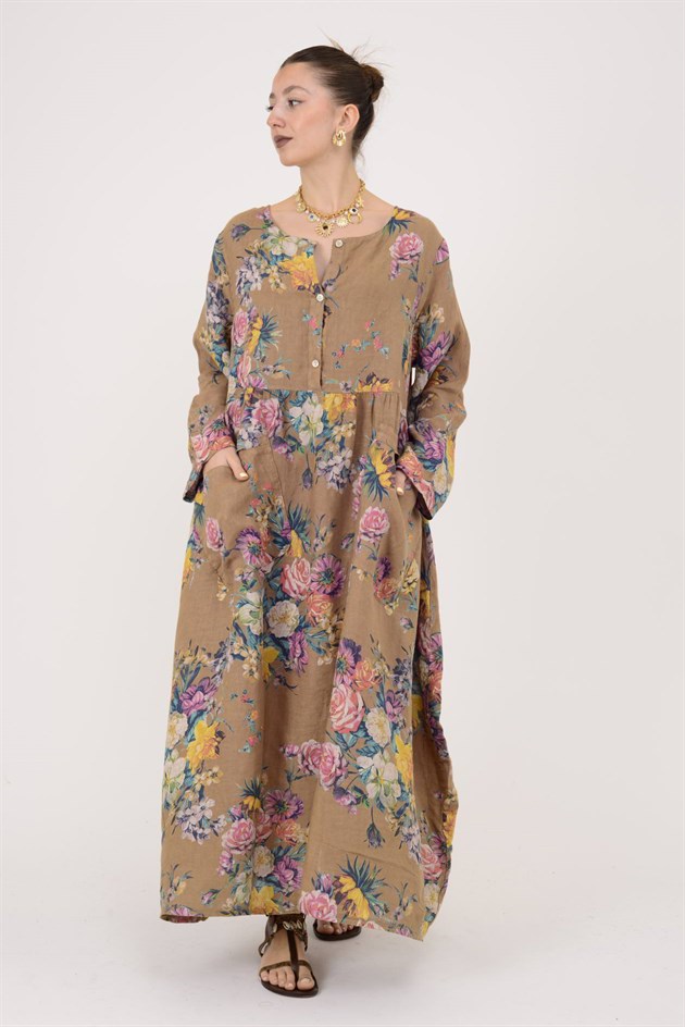 23-10 LOVA SPRING ÇİÇEK DESENLİ ÜÇ DÜĞMELİ KETEN ELBİSE