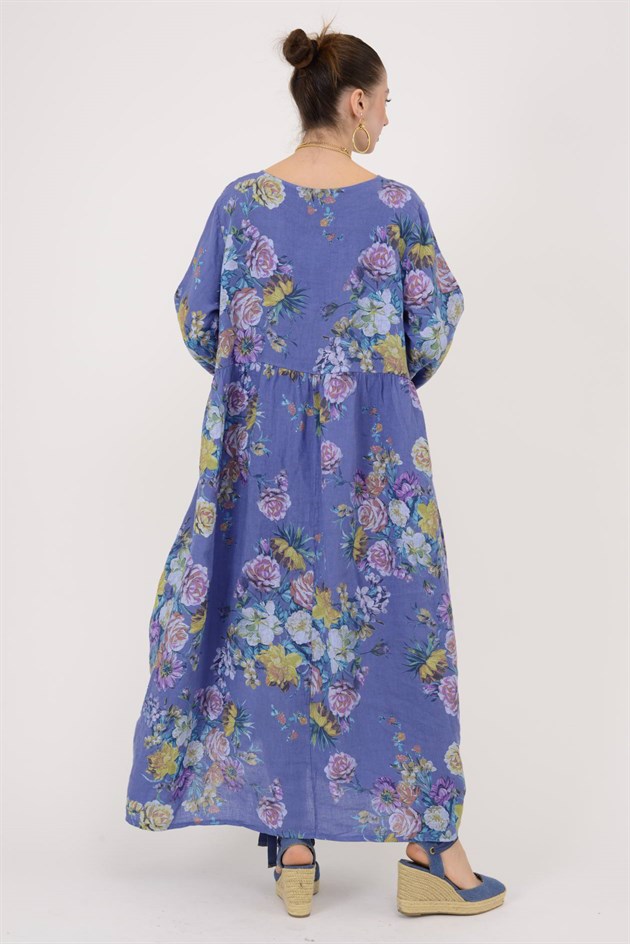 23-10 LOVA SPRING ÇİÇEK DESENLİ ÜÇ DÜĞMELİ KETEN ELBİSE