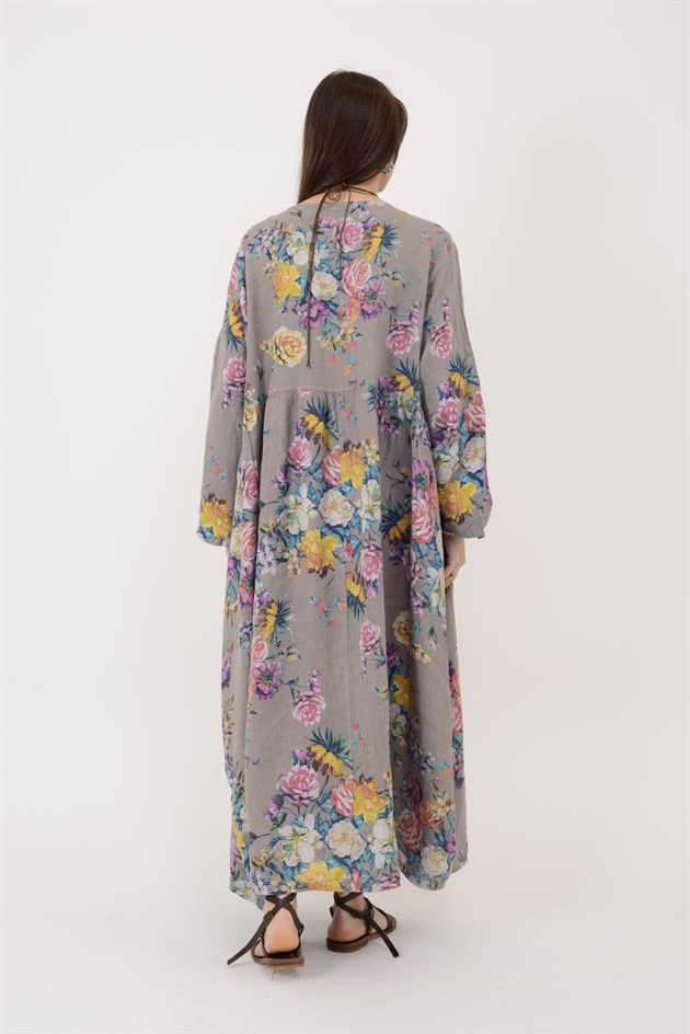 23-10 LOVA SPRING ÇİÇEK DESENLİ ÜÇ DÜĞMELİ KETEN ELBİSE
