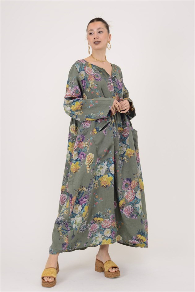 23-10 LOVA SPRING ÇİÇEK DESENLİ ÜÇ DÜĞMELİ KETEN ELBİSE