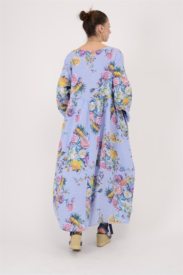 23-10 LOVA SPRING ÇİÇEK DESENLİ ÜÇ DÜĞMELİ KETEN ELBİSE