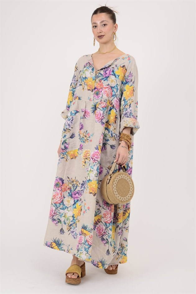 23-10 LOVA SPRING ÇİÇEK DESENLİ ÜÇ DÜĞMELİ KETEN ELBİSE