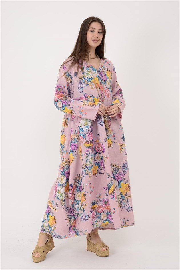 23-10 LOVA SPRING ÇİÇEK DESENLİ ÜÇ DÜĞMELİ KETEN ELBİSE