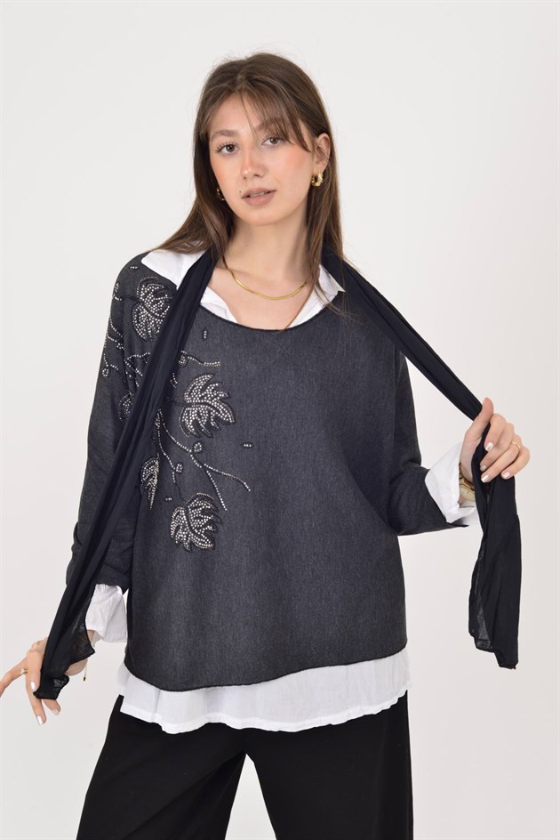 23098 TAŞ İŞLEMELİ 2Lİ TRİKO BLUZ