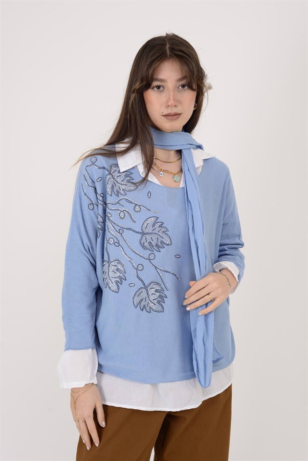 23098 TAŞ İŞLEMELİ 2Lİ TRİKO BLUZ