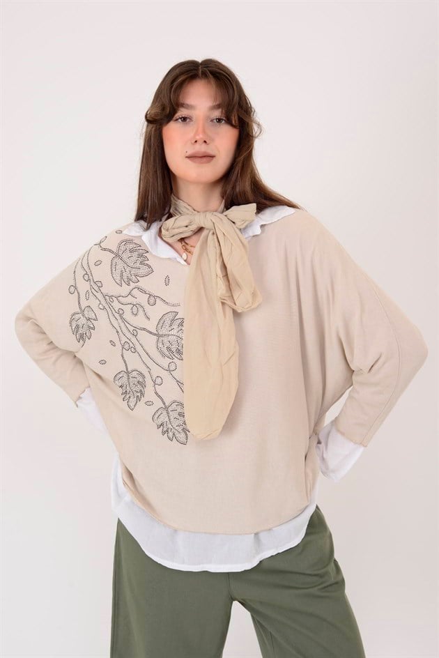 23098 TAŞ İŞLEMELİ 2Lİ TRİKO BLUZ