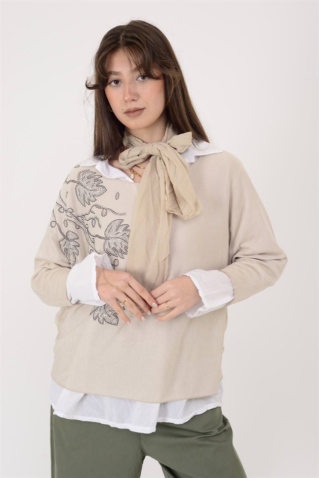 23098 TAŞ İŞLEMELİ 2Lİ TRİKO BLUZ