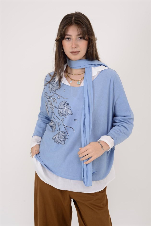 23098 TAŞ İŞLEMELİ 2Lİ TRİKO BLUZ